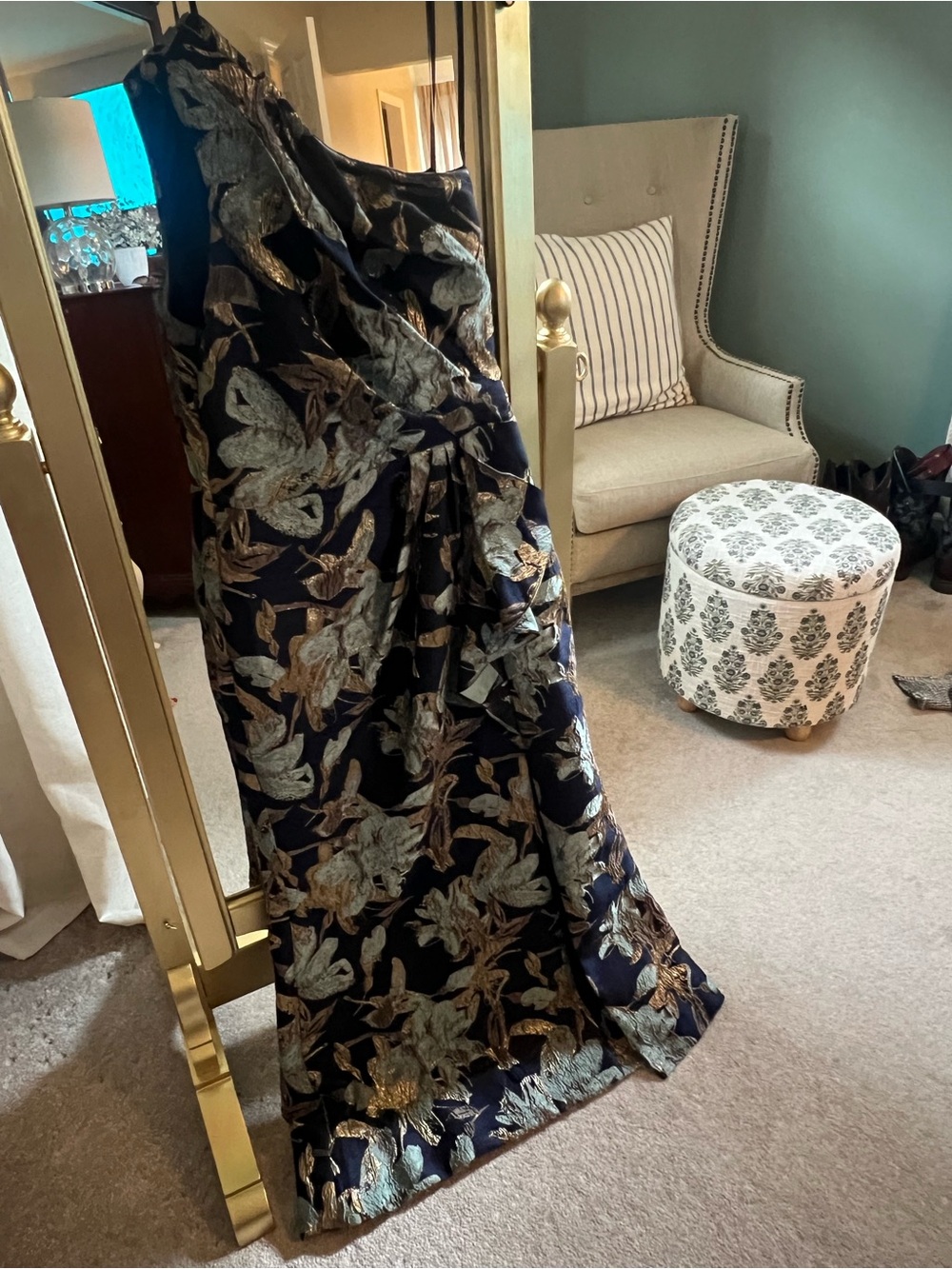 Adrianna Papell Navy and Gold Embroidered Evening Dress